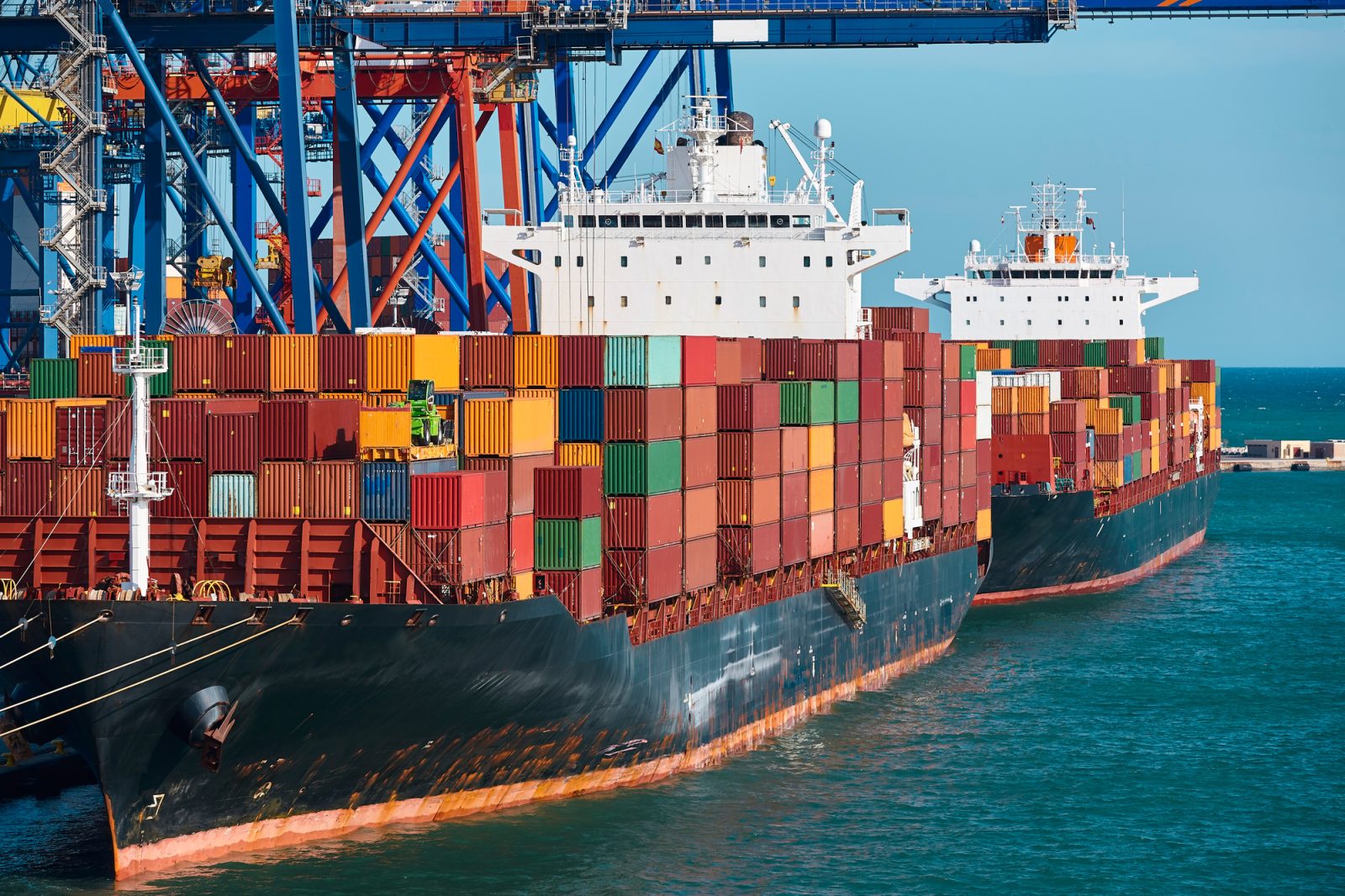 Containers on a vessel. Global market. Cargo shipping. Logistic